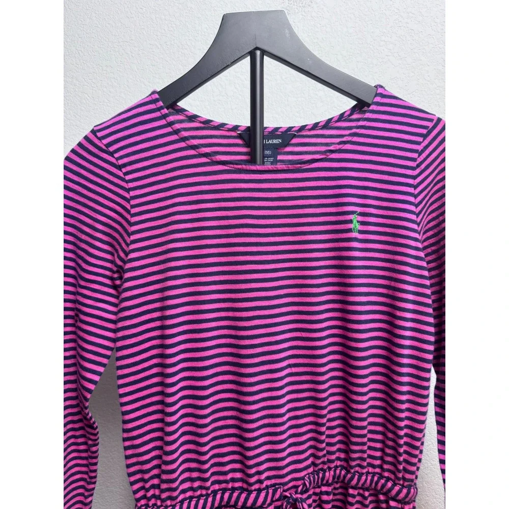 Ralph Lauren Girls XL 16 Pink Navy Striped Long Sleeve Cotton Jersey Dress Pony